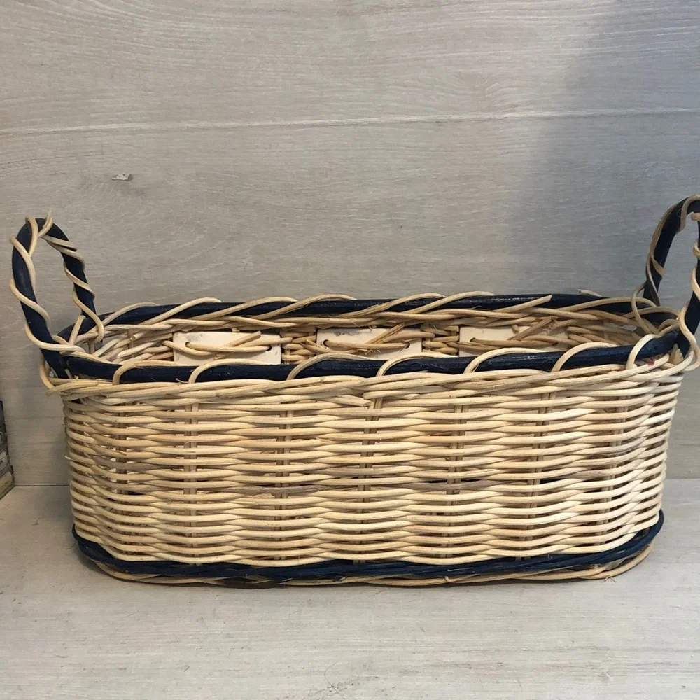 Grandmacore Wicker Basket with Handles  & 3 Painted Apples Tile  15” x 7” x 6”